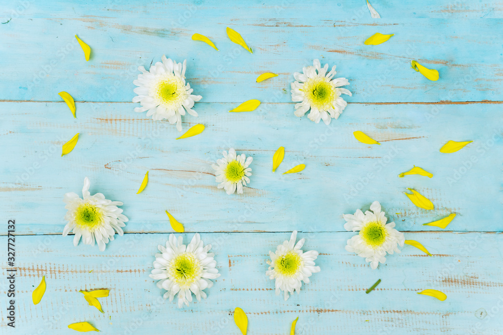 Flower flat lay composition flowers over wooden background