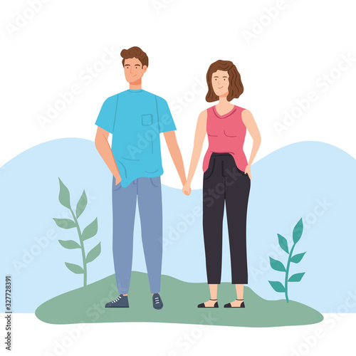 young couple in landscape nature vector illustration design