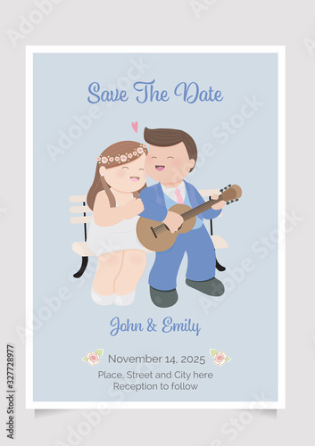 cute chubby couple playing guitar wedding in invitation card template layout 5x7