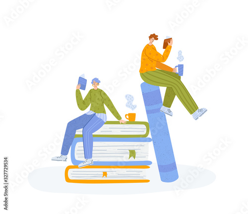 People reading book, miniature man and girl or two students read and study, literature fans or lovers with giant books, modern flat cartoon textured characters isolated on white - vector illustration