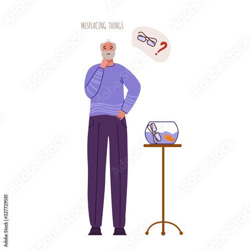 Alzheimers or Parkinsons disease - confused aged senior men with mental problems misplacing lost things, old people with dementia signs and symptoms, - vector isolated person on white