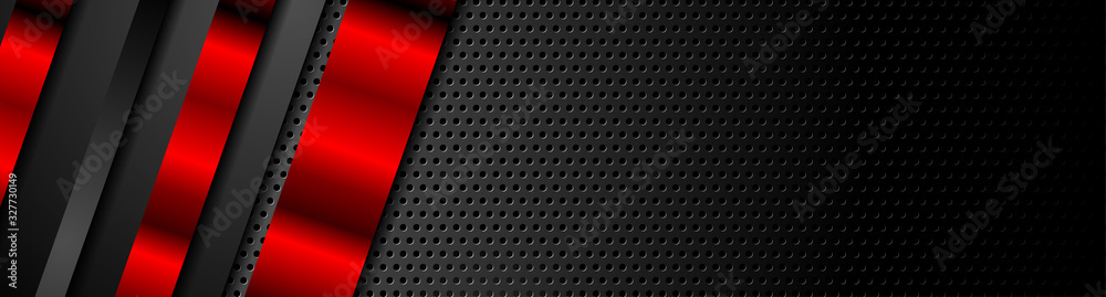 Black and red metal stripes on dark perforated background. Vector hi-tech geometric design - obrazy, fototapety, plakaty 