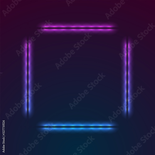 Blue purple neon luminous square frame abstract retro background. Vector design