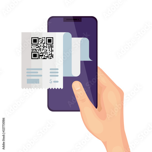 qr code paper and hand holding smartphone design of technology scan information business price communication barcode digital and data theme Vector illustration