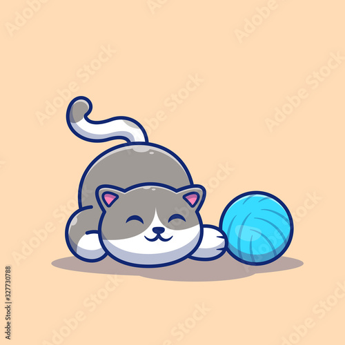 Cat Playing Ball Vector Icon Illustration. Cute Cat With Yarn Ball. Animal Icon Concept White Isolated. Flat Cartoon Style Suitable for Web Landing Page, Banner, Flyer, Sticker, Card, Background