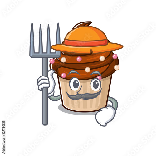 Happy Farmer chocolate cupcake cartoon picture with hat and tools