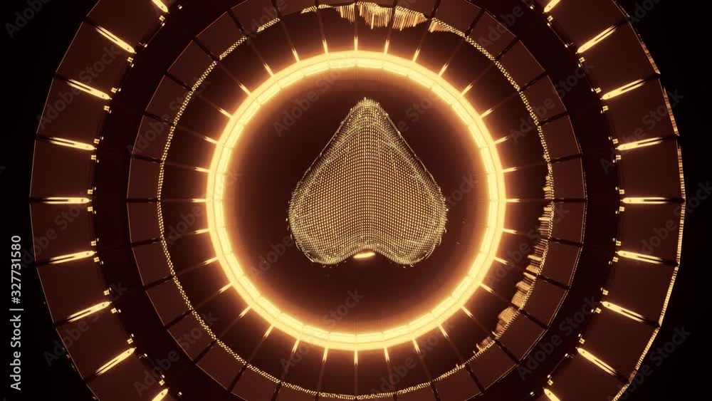 Gold heart rotating in circles opening in iris shape, rendered 3d graphic animation