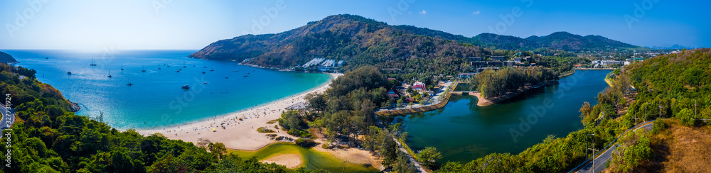Aerial panorama of Nai Harn beach on the island of Phuket in Thailand during sunny day