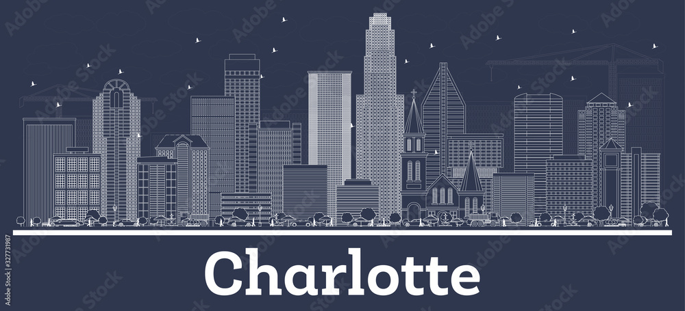 Outline Charlotte NC City Skyline with White Buildings.