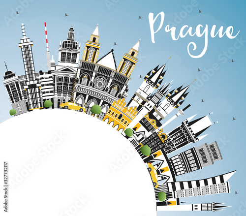 Prague Czech Republic City Skyline with Color Buildings, Blue Sky and Copy Space.