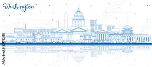 Outline Washington DC USA City Skyline with Blue Buildings and Reflections.