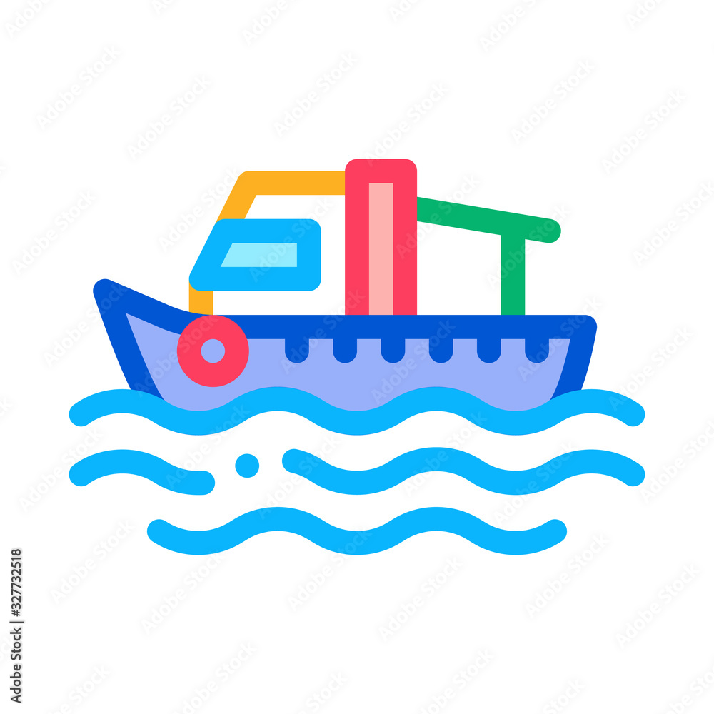 Fishing Boat On Water Wave Icon Thin Line Vector. Motor Boat, Sea Transport, Cruise Motorboat Color Symbol Illustration Fishing Boat On Water Wave Icon Thin Line Vector. Motor Boat, Sea Transport, Cruise Motorboat Color Symbol Illustration