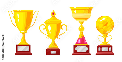 Gold cup, awards golden bowls on podium. Championship winner golden trophy cup. Award for victory in sports competitions, symbol leader, champion of winner. Prize in football game vector