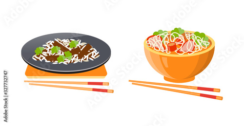 Soup with noodles and meatballs, rice with meat and shrimp