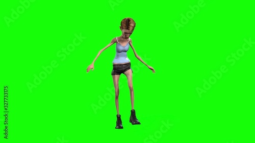 4k 3d animation of a very thin young avatar girl walking and standing on scales to weigh herself.