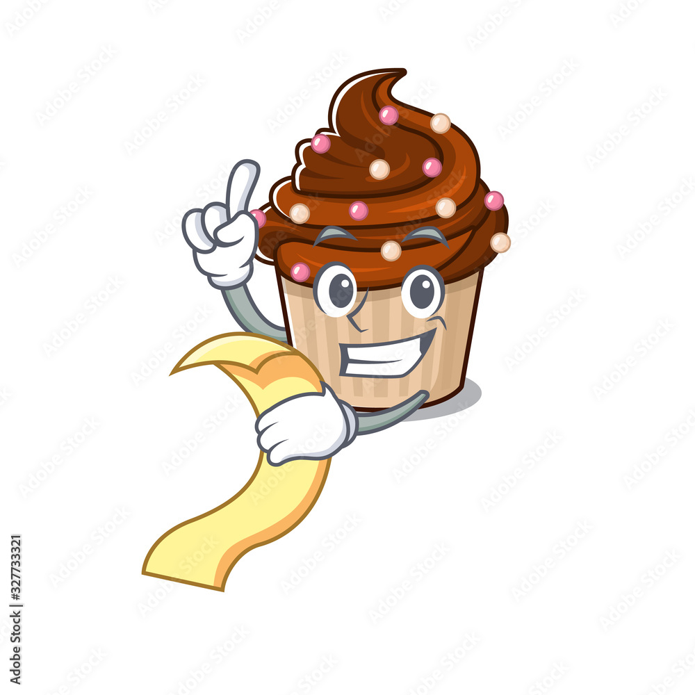 A funny cartoon character of chocolate cupcake holding a menu A funny cartoon character of chocolate cupcake holding a menu