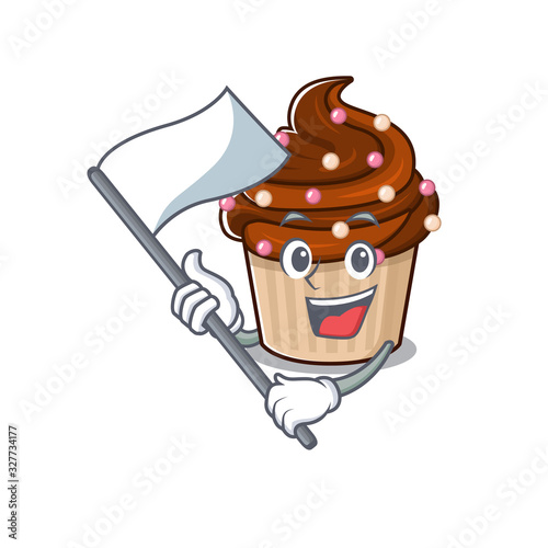Funny chocolate cupcake cartoon character style holding a standing flag