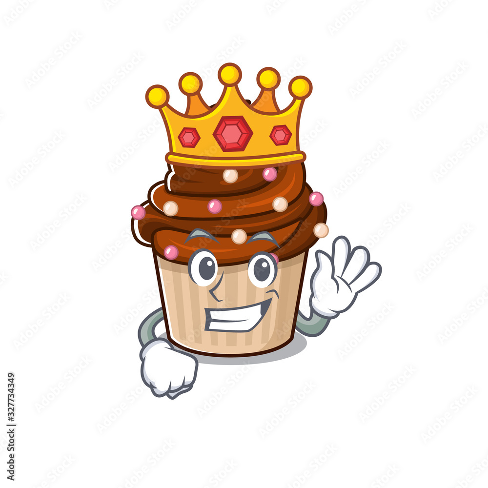 A cartoon mascot design of chocolate cupcake performed as a King on the stage