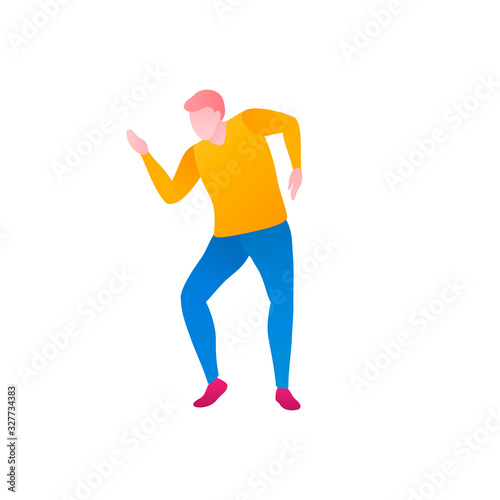A man in a choreography class, a flat vector illustration. A young man dances in a club during a carnival. The clubber perform moves and dancing in a nightclub isolated on a white background.