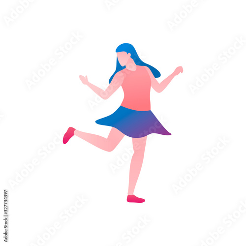 Dancing girl, flat vector illustration. The girl in dancing activity performance having fun in a nightclub at a party. A female dancer in the rhythm of a contemporary dance isolated on white.