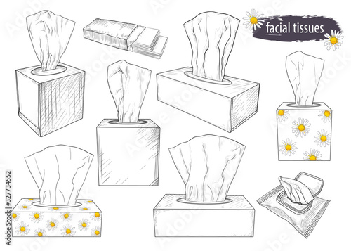 Foto .A set of sketches of tissue boxes . Facial tissues, wet wipes and paper handker