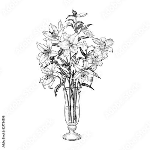 .Lilies in a glass vase. Hand-drawn vector illustration of a sketch style.  Isolated interior elements. Vintage floral composition.