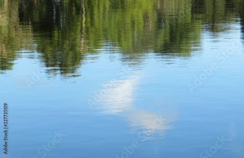 Reflection of trees and sky in blue water 