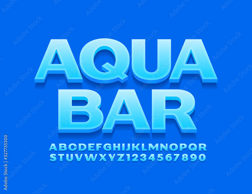 Vector blue logo Aqua Bar. Modern 3D Font. Creative Alphabet Letters and Numbers. Vector blue logo Aqua Bar. Modern 3D Font. Creative Alphabet Letters and Numbers.