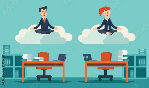 Businessman and business woman meditate in lotus position on clouds. Business people practicing yoga in office