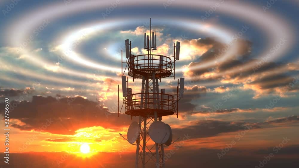 Cellular telecommunications tower with radio waves visible against scenic sunset sky. Modern cellular telecommunications towers can cover a wide range of network technologies including modern 4G 5G Cellular telecommunications tower with radio waves visible against scenic sunset sky. Modern cellular telecommunications towers can cover a wide range of network technologies including modern 4G 5G