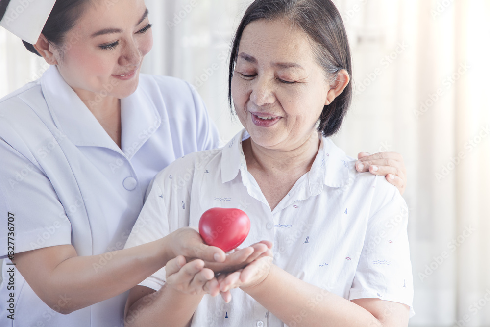 Health visitor and a senior woman during home visit.beautiful Asian nurse taking care of senior patient Health visitor and a senior woman during home visit.beautiful Asian nurse taking care of senior patient