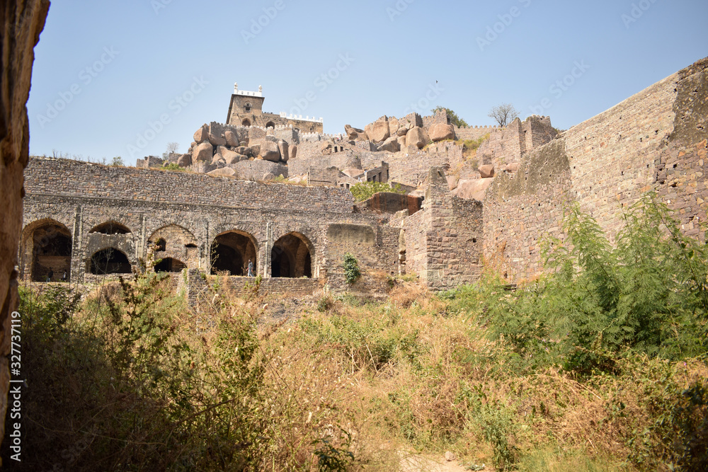 Old Historical Golconda Fort in India Background stock photograph