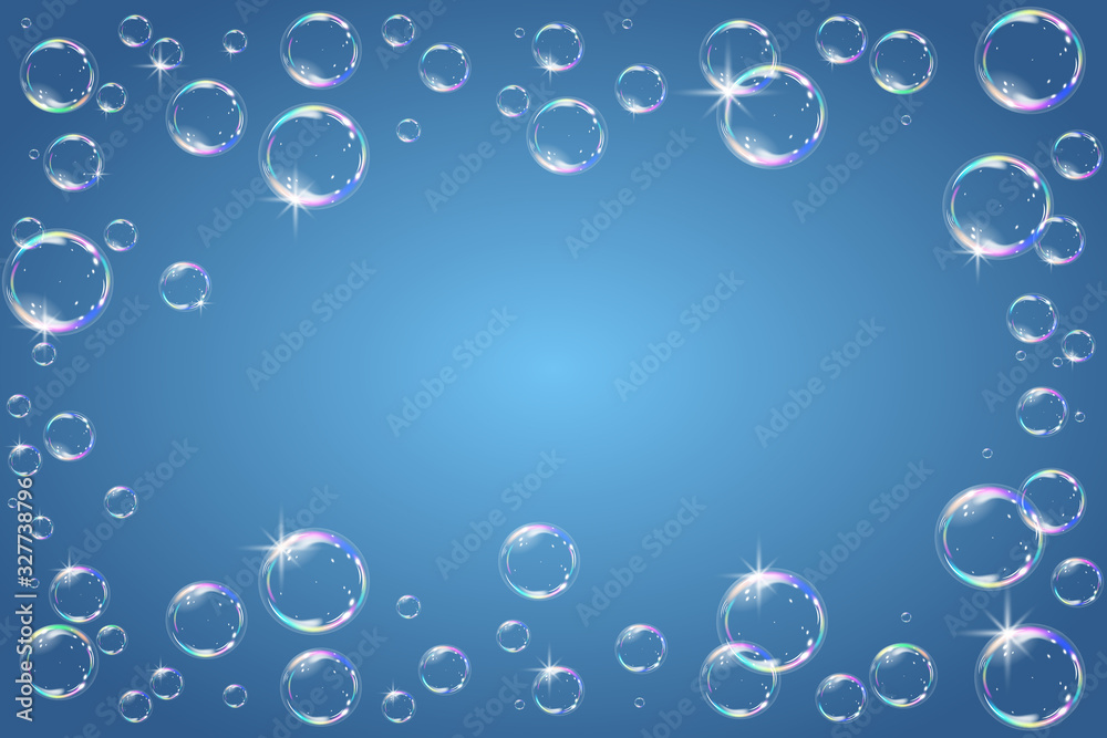 Soap bubbles frame on blue background. Vector illustration