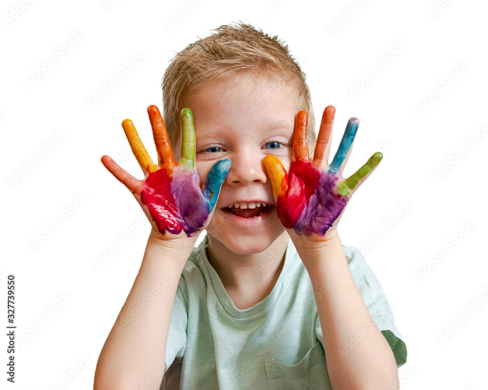 The child draws. Isolate Palms and hands of a child in multi-colored watercolor. Watercolor, gouache, brushes. Set for drawing, creativity and hobbies. The child draws. Isolate Palms and hands of a child in multi-colored watercolor. Watercolor, gouache, brushes. Set for drawing, creativity and hobbies.