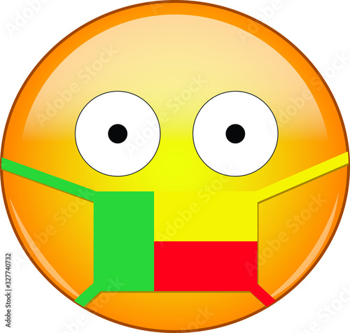 Yellow scared emoji in Beninese medical mask protecting from SARS, coronavirus, bird flu and other viruses, germs and bacteria and contagious disease as well as toxic smog in Benin.
