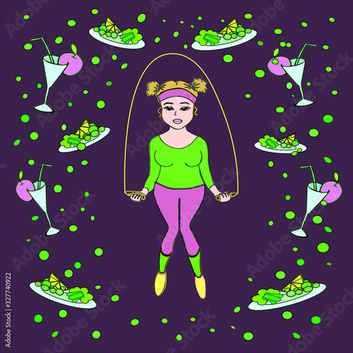 vector illustration cartoon funny girl losing weight jumping rope. motivation to slimness. food salads vegan cocktails