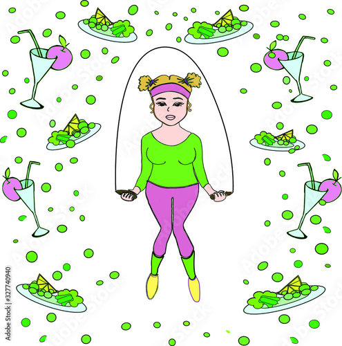 vector illustration cartoon funny girl losing weight jumping rope. motivation to slimness. food salads vegan cocktails