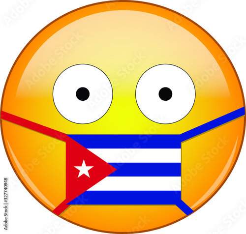 Yellow scared emoji in Cuban medical mask protecting from SARS, coronavirus, bird flu and other viruses, germs and bacteria and contagious disease as well as toxic smog in Cuba.