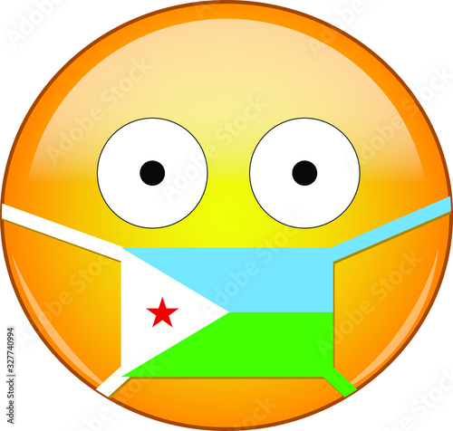 Yellow scared emoji in Djiboutian medical mask protecting from SARS, coronavirus, bird flu and other viruses, germs and bacteria and contagious disease as well as toxic smog in Djibouti.