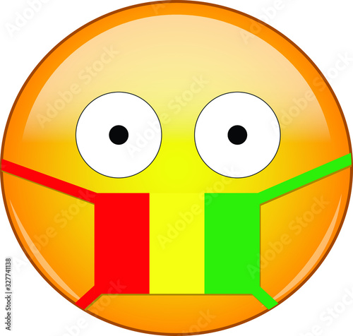 Yellow scared emoji in Guinean medical mask protecting from SARS, coronavirus, bird flu and other viruses, germs and bacteria and contagious disease as well as toxic smog in Guinea.