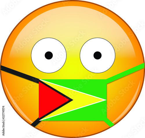 Yellow scared emoji in Guyanese medical mask protecting from SARS, coronavirus, bird flu and other viruses, germs and bacteria and contagious disease as well as toxic smog in Guyana.