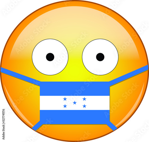 Yellow scared emoji in Honduran medical mask protecting from SARS, coronavirus, bird flu and other viruses, germs and bacteria and contagious disease as well as toxic smog in Honduras.