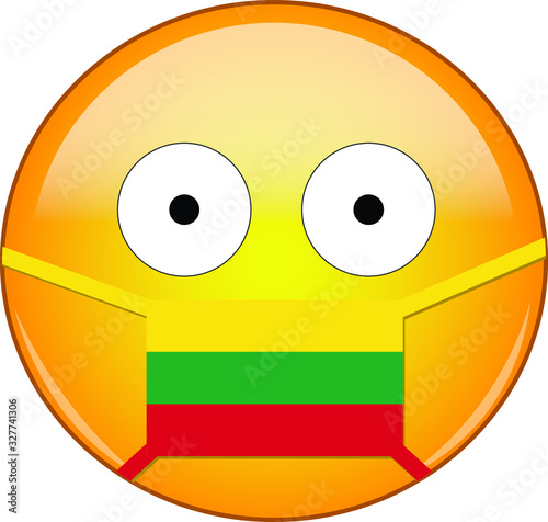 Yellow scared emoji in Lithuanian medical mask protecting from SARS, coronavirus, bird flu and other viruses, germs and bacteria and contagious disease as well as toxic smog in Lithuania.