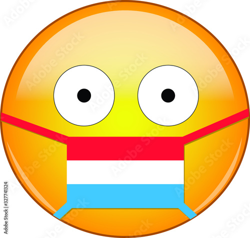 Yellow scared emoji in Luxembourger medical mask protecting from SARS, coronavirus, bird flu and other viruses, germs and bacteria and contagious disease as well as toxic smog in Luxembourg.