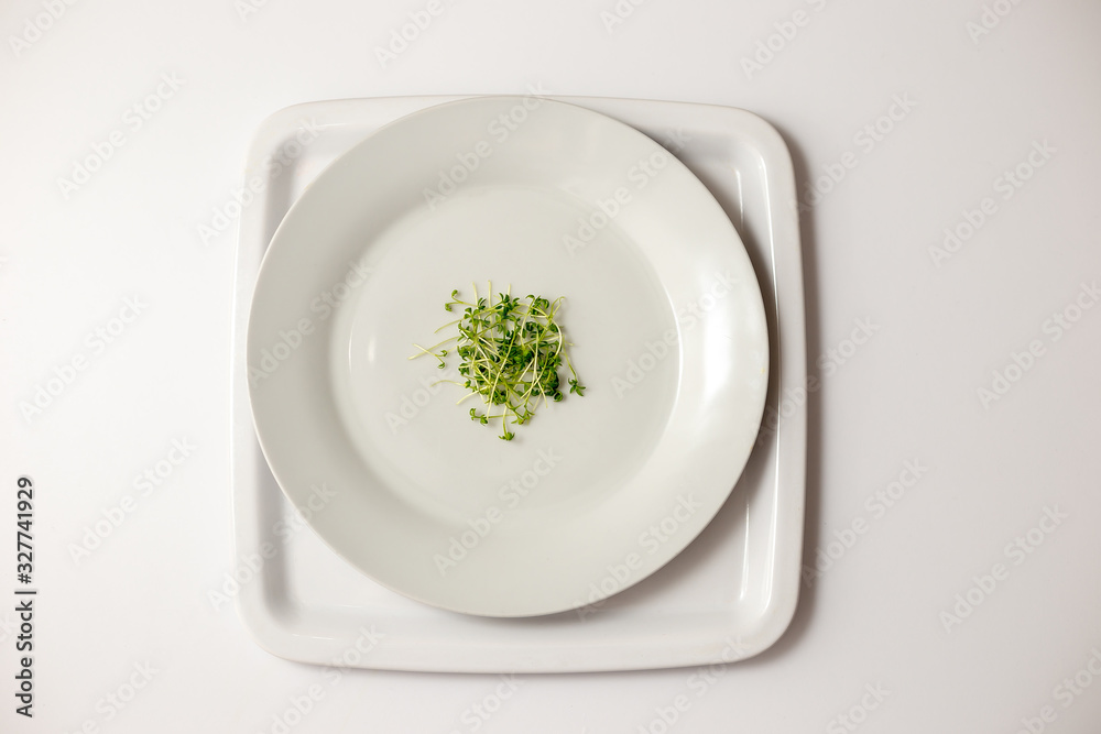 A small pile of green watercress on a round white plate A small pile of green watercress on a round white plate