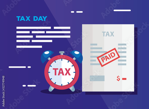 tax day poster with document and alarm clock vector illustration design