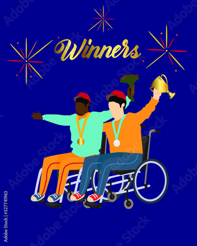 Winners couple athletes with awards. Happy people with disabilities. The letters of the word "Winner".