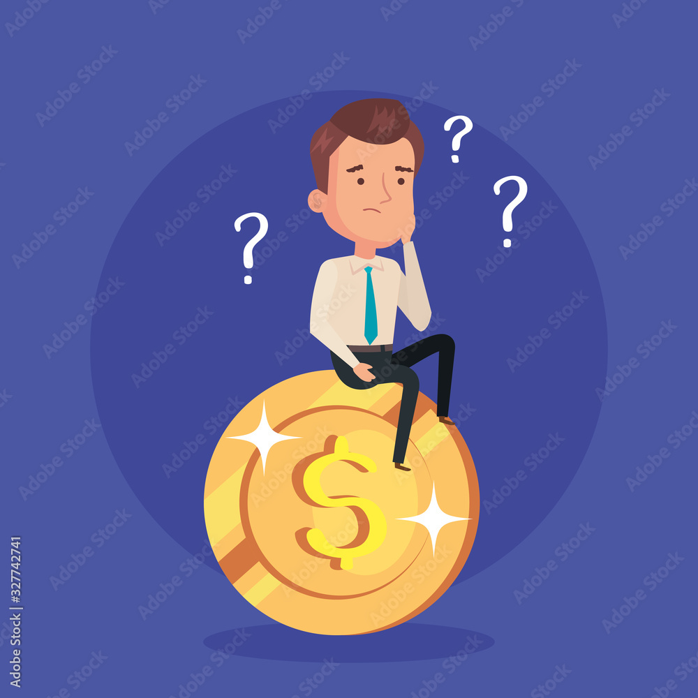 businessman thinking sitting in coin vector illustration design