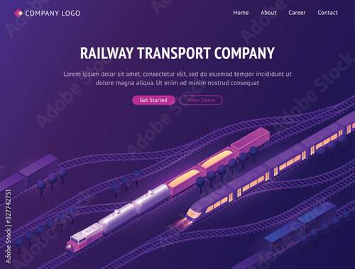 Railway transport company isometric landing page. Passenger vehicle and cargo train riding on railroad, freight logistics and high-speed express transportation service, industry 3d vector web banner
