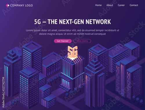 5g next gen network isometric landing page. Smart city with wireless mobile telecommunication technology, new generation cell service. Smartphone internet high speed connection, 3d vector web banner